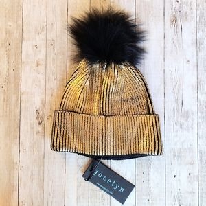 Jocelyn Metallic Gold and Black Fox Fur Pom Beanie NWT
